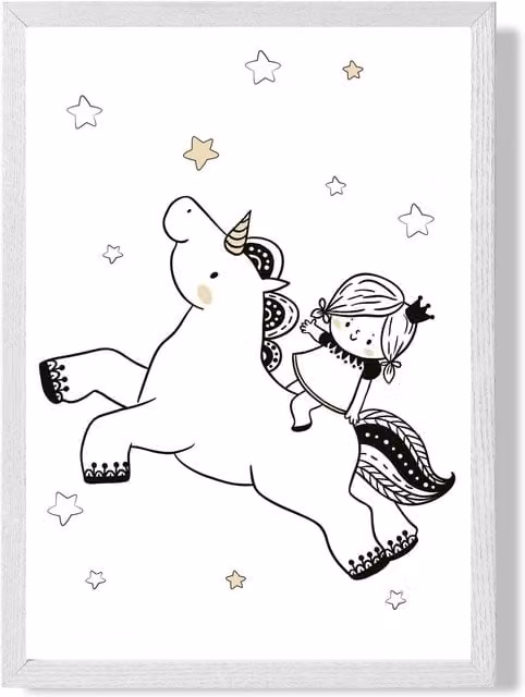 ARTZE Scandi Princess Little Unicorn Framed Print, Black and White Illustration, A3