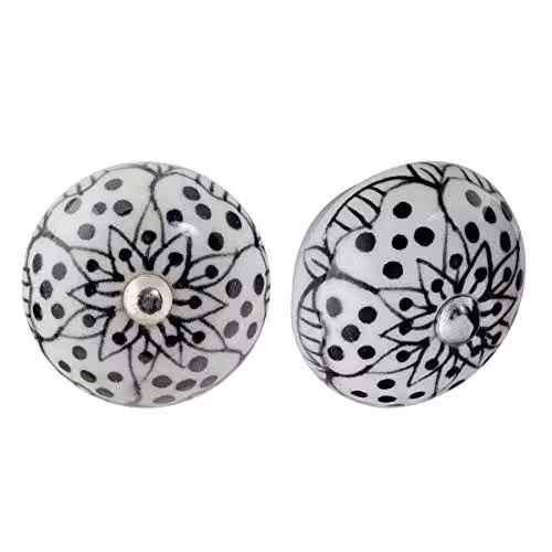 Nicola Spring Ceramic Floral Cupboard Drawer Knobs, White and Black, Pack of 6 – 1