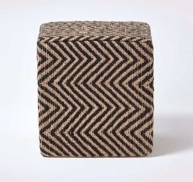 Homescapes Herringbone Jute Cube Pouffe in Black and White