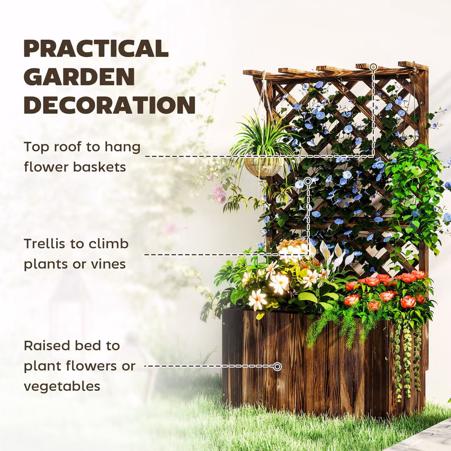 Outsunny Brown Wooden Raised Garden Bed with Trellis and Liner, W/D/H: 122 x 64 x 33 cm – 4