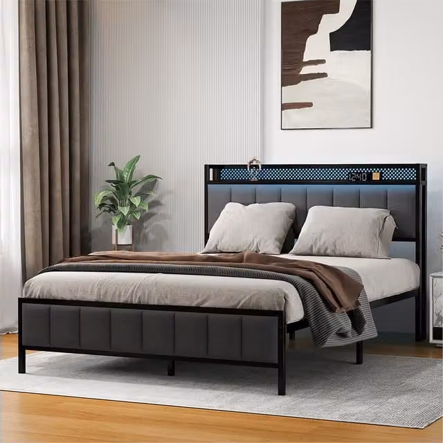 Levede Modern Upholstered Fabric Bed Frame with LED Under-Bed Lighting and USB Charging Port in Grey, W/D/H: 180 x 200 x 150.5 cm
