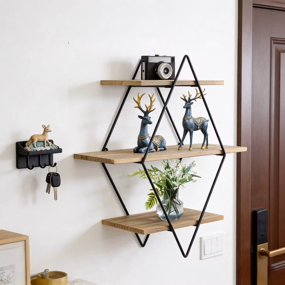 KORVIXA 3 Tier Heavy Duty Diamond Floating Ledge Wall Mounted Shelves in Brown – 2