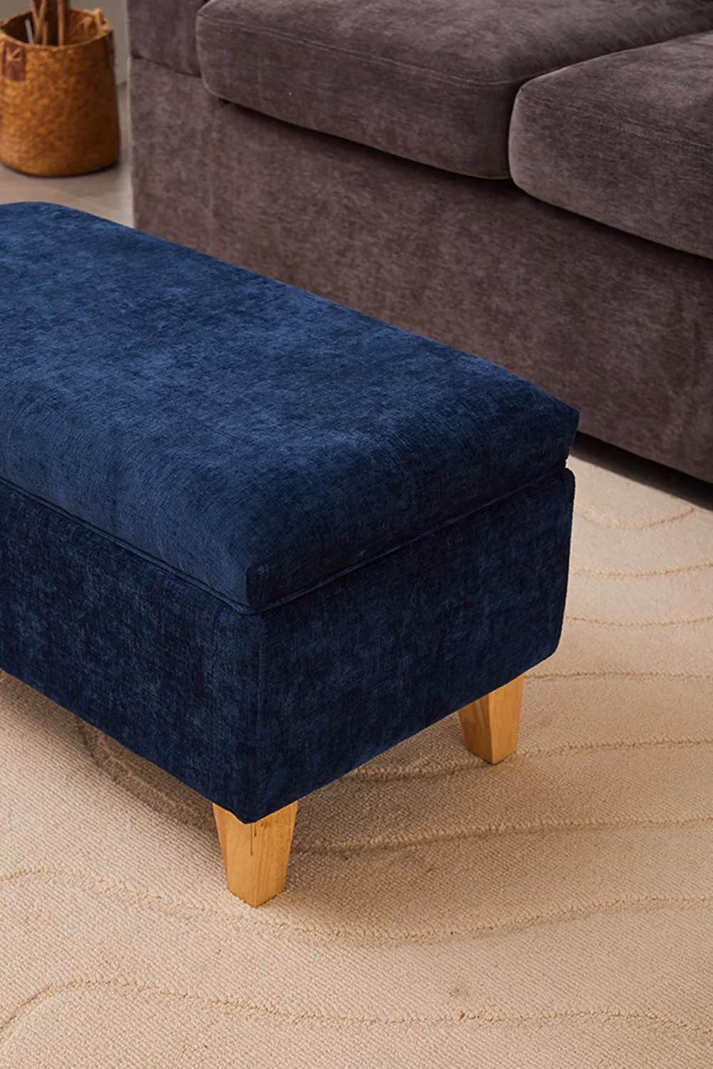 Living and Home Chenille Upholstered Storage Ottoman in Blue, Large – 3