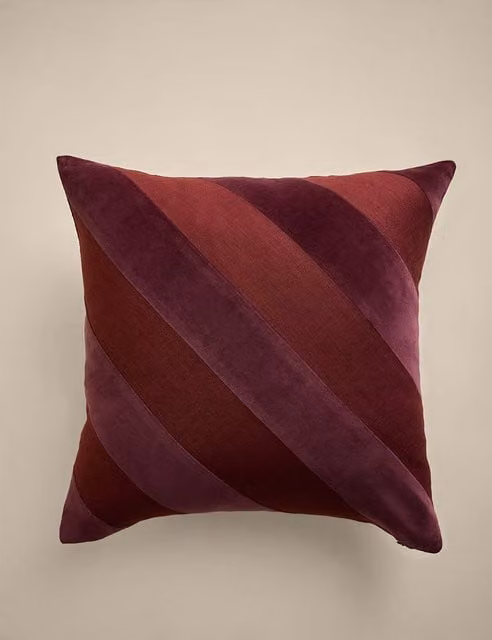 M&S Pure Cotton Velvet Striped Square Cushion in Burgundy