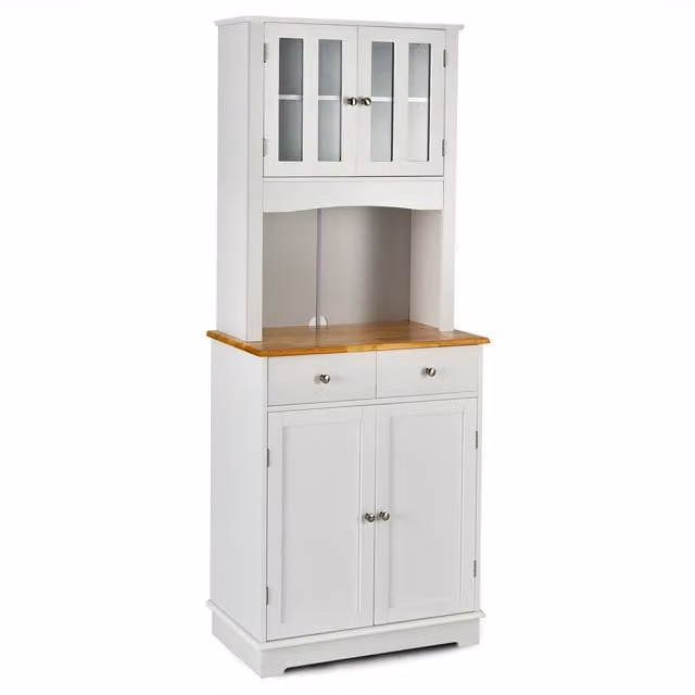 Costway Tall Kitchen Pantry Storage Cabinet with Glass Doors and Drawers in White