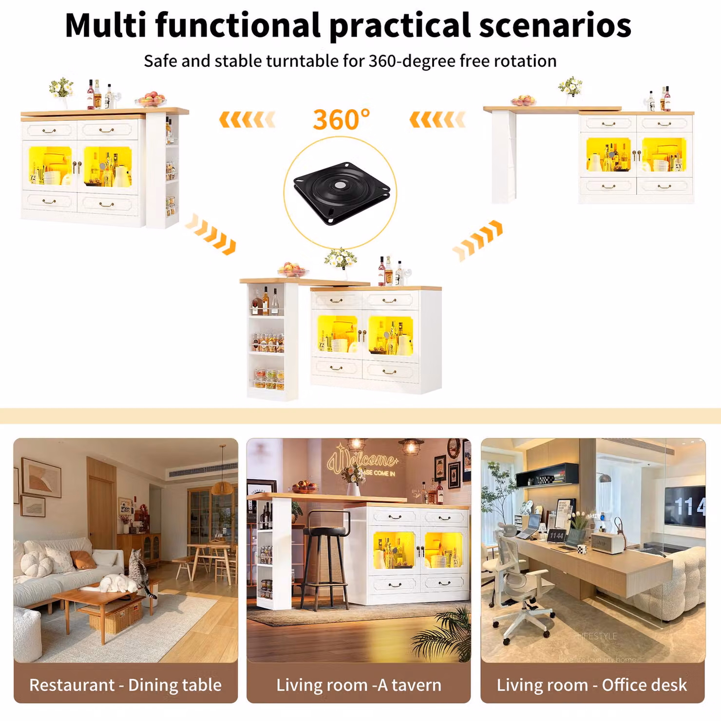 Aosom UK 360 Degree Rotating Extendable Kitchen Island Bar Table with App-Controlled LED Lights, Music Sync and 4 Drawers, White, W: 135 cm, D: 39 cm, H: 93 cm – 4