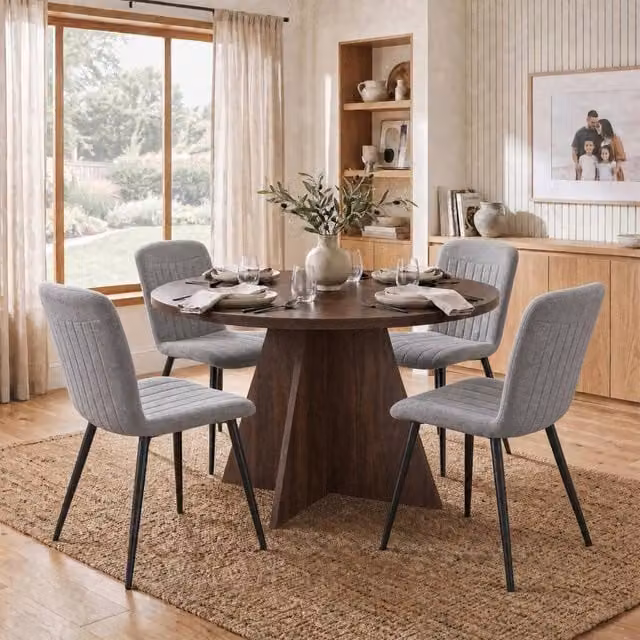 FWStyle Round Walnut Dining Table and 4 Grey Clamshell Chairs Set – 1