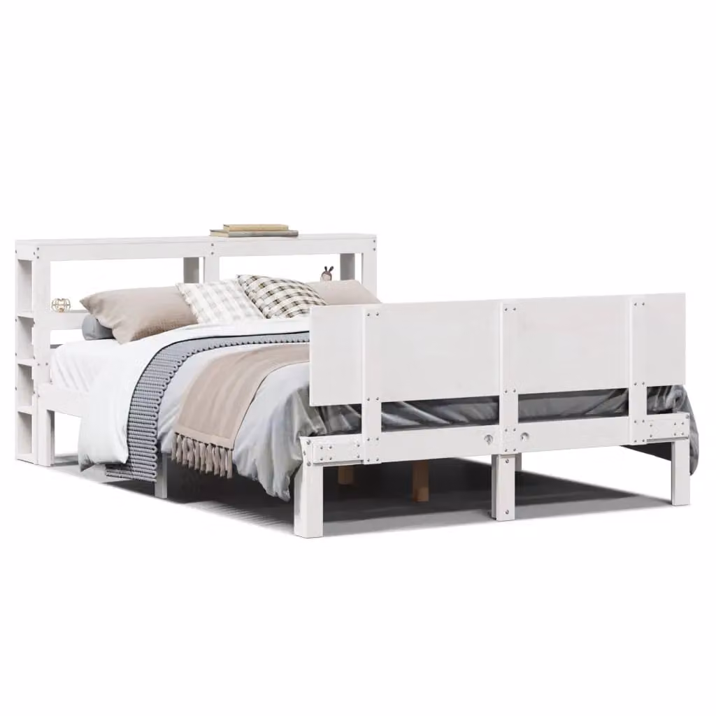 Berkfield Home Small Double Bed Frame with Headboard and Side Compartments in White Solid Pine Wood, W/D/H: 120 x 200 cm – 2