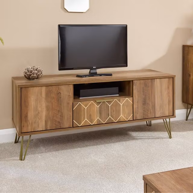 GFW Orleans Retro 1 Drawer TV Stand in Brown Mango Effect Wood and Metal – 1