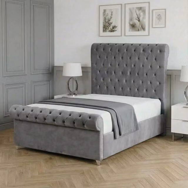 Living Comfort Bedz Regency Sleigh Ottoman Gas Lift Upholstered Velvet Bed in Grey, Size: King (180 x 200 cm)