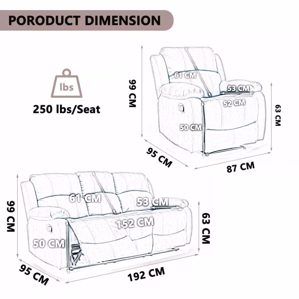 FURNITURE ONE 3+1 Seater Fabric Manual Recliner Sofa and Armchair Set with Ottoman in Grey – 3