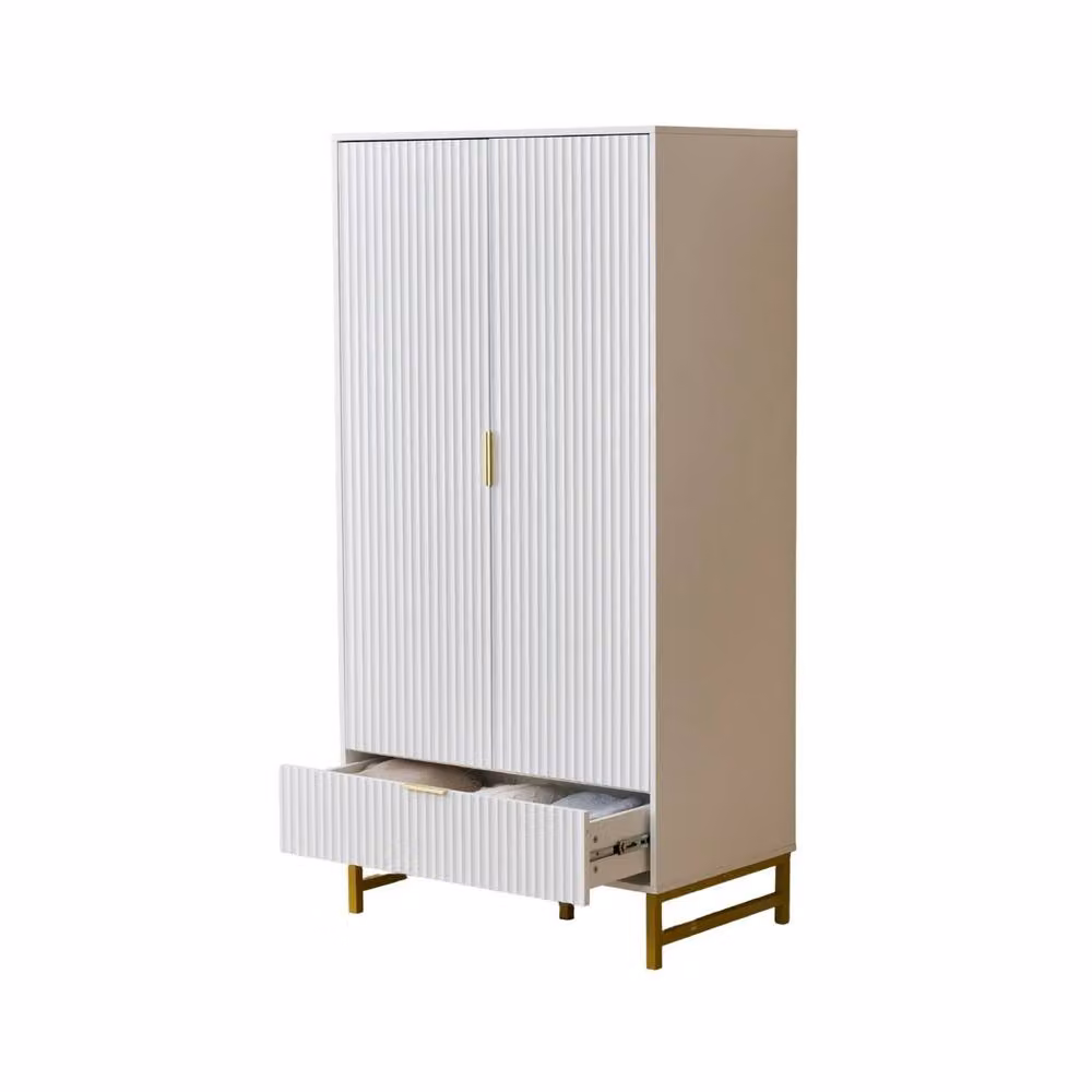 FURNITURE ONE Modern 2-Door Wardrobe Cabinet with Integrated Soft-Close Drawers in White and Gold – 2