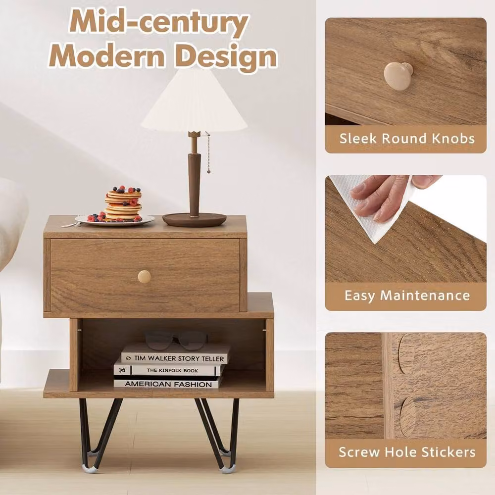 VOGREX Natural Mid Century 2-Pack Wood and Metal Drawer Nightstands in Brown – 4