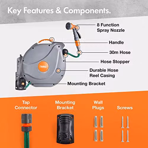 VonHaus Wall Mounted Retractable Hose Reel in Grey with 30m Reach and 8 Function Spray Gun – 3