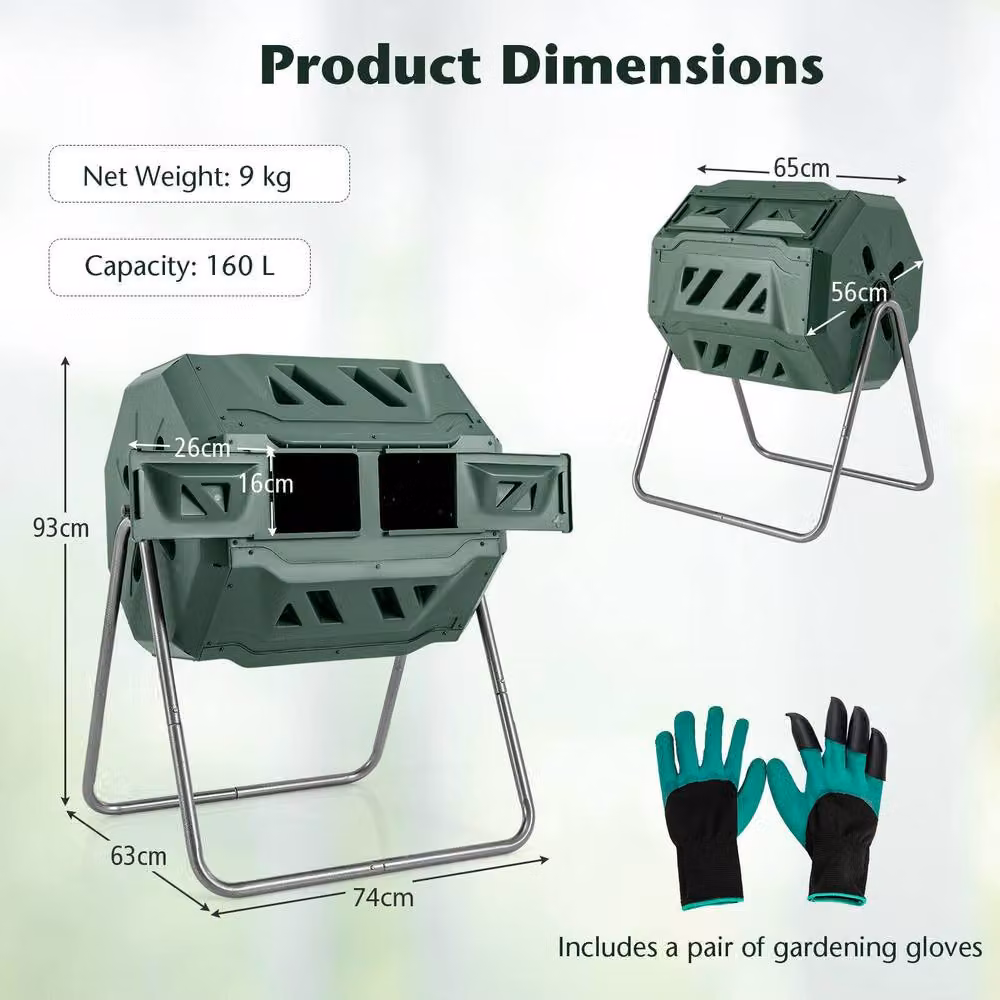 Costway Dual Chamber Composting Tumbler 160L 360 Degree Rotatable Compost Bin in Green and Black – 2