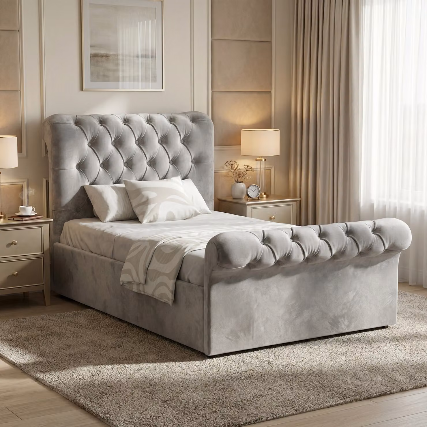 DHS Chesterfield Single Ottoman Storage Bed Frame with Side Lift Base in Grey Velvet Fabric, W/D/H: 90 x 190 cm