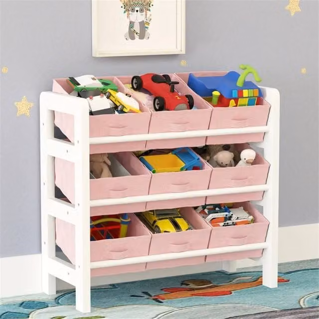 VOGREX Pink and White 3 Tier Toy Storage Unit with 9 Lacquered Wood Cubes for Childrens Bedrooms