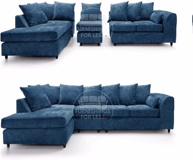 Furnishings For Less UK Monaco Blue Chenille Fabric Large 5 Seater L Shaped Corner Sofa, Left Hand Facing – 1
