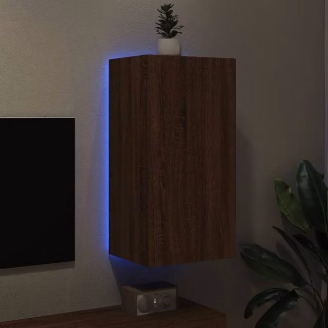 Berkfield Home Modern TV Wall Cabinet with LED Lights in Brown Oak, W: 40.5 cm, D: 35 cm, H: 80 cm
