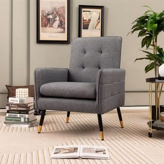 NESTLUNE Grey Linen Fabric Upholstered Accent Armchair with Metal Frame