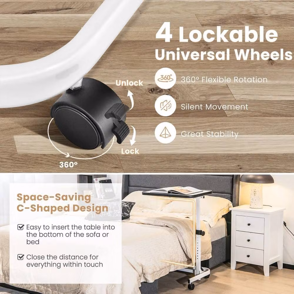 VOGREX Height Adjustable Tilting Overbed Table with Wheels in White – 3