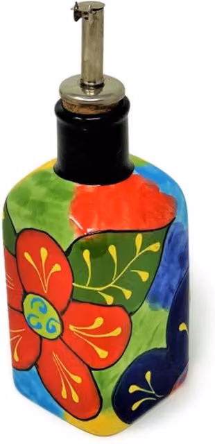 Verano Spanish Ceramics Hand Painted Floral Squared Oil and Vinegar Drizzler with Cork and Chrome Pourer, 300ml, Multicolour