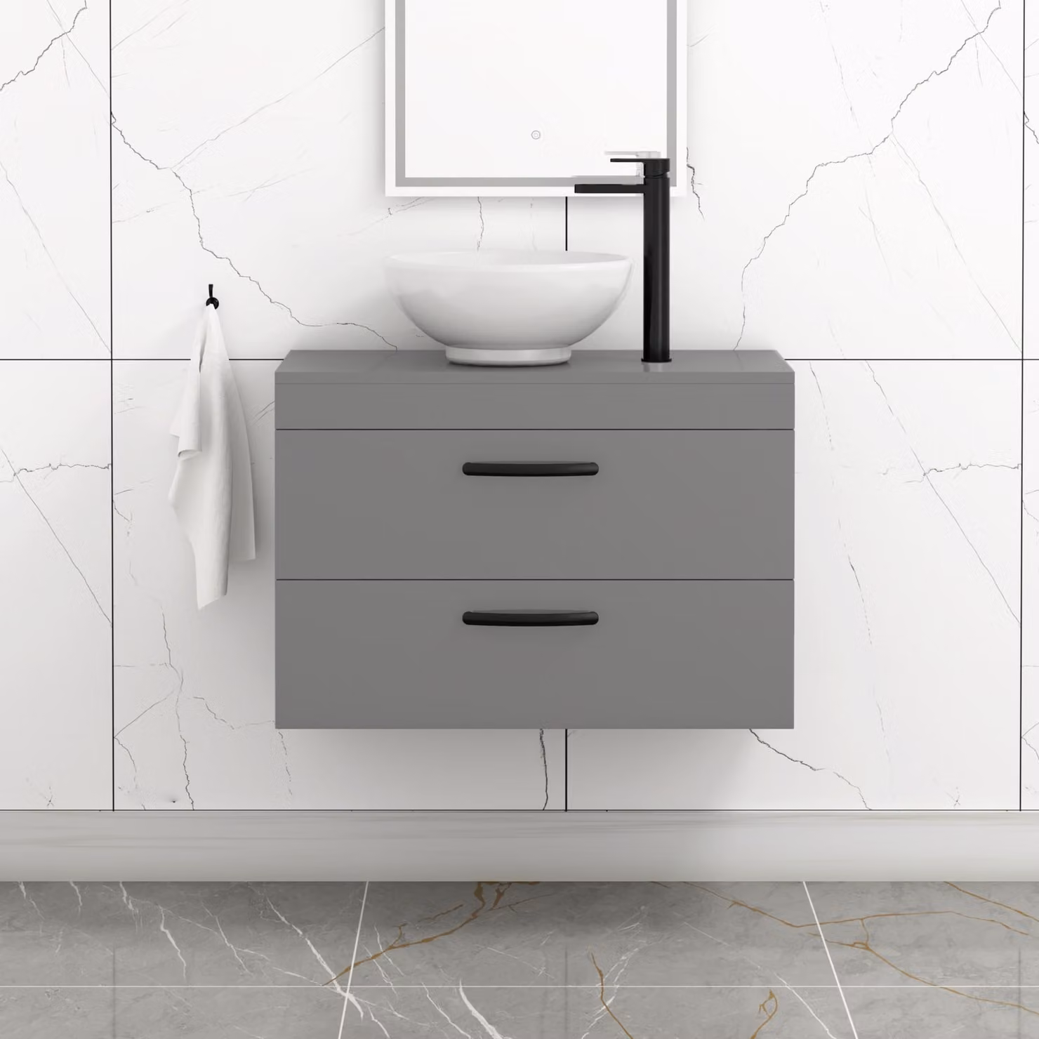 Royal Bathrooms 800mm Wall Hung Vanity Unit with 2 Drawers in Indigo Grey Gloss and Breeze Countertop Basin with Matt Black Handle