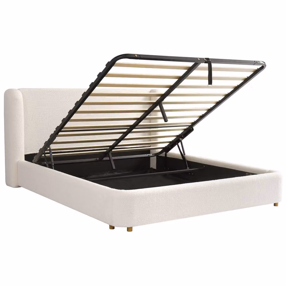 STILVORA King Size Ottoman Bed with Wingback Headboard in Cream Bouclé, W/D/H: 150 x 200 cm – 2