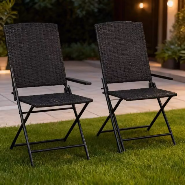 ERGOVEXA Set of Two Black Folding Polyrattan Garden Chairs with Armrests and Textilene Seats