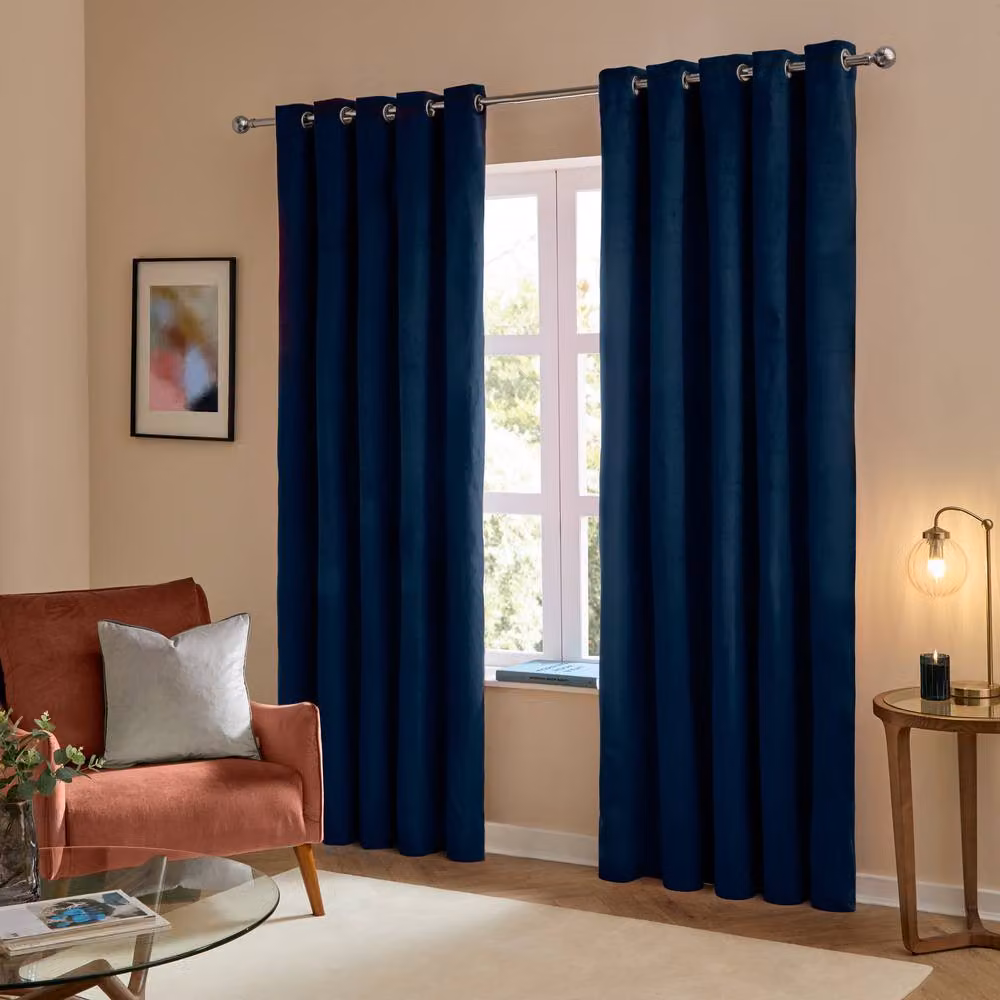 Furn Blue Velvet Room Darkening Eyelet Curtain Pair, Width: 117 cm, Drop: 137 cm – 2