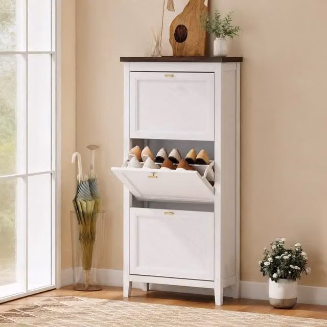 STILVORA White Lacquered Shoe Cabinet with 3 Tilting Compartments – 1