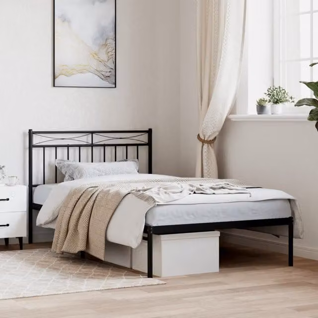 Berkfield Home Metal Bed Frame with Headboard, Black, W/D/H: 100 x 200 cm