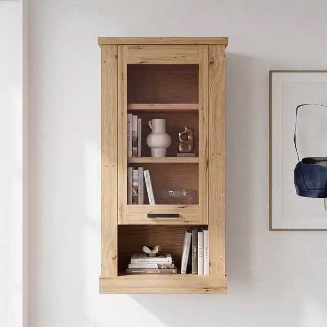 Furniture To Go Corona Wall Display Cabinet in Artisan Oak with Glass Doors and Internal Shelves, Brown