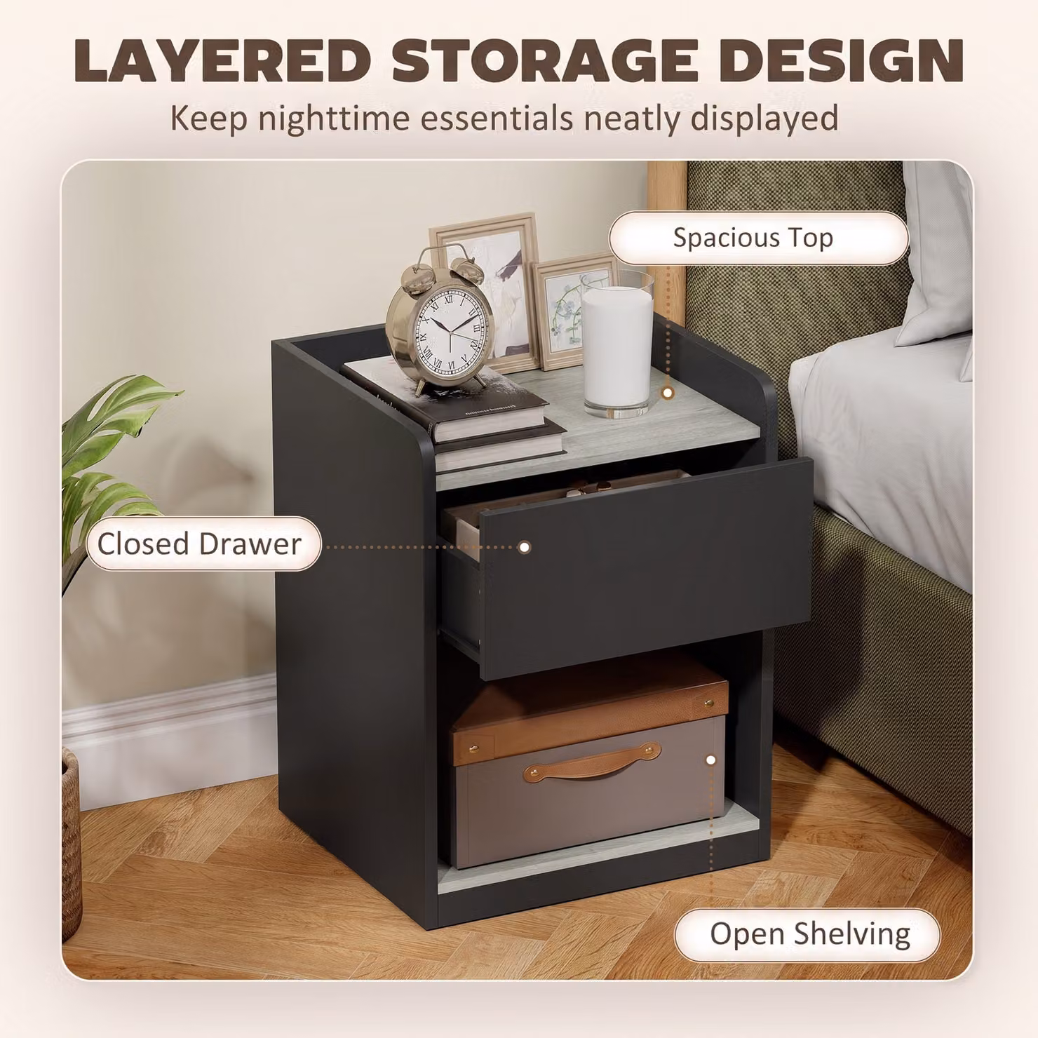 HOMCOM Modern Bedside Table with Drawer and Shelf in Black and Grey Wood Effect, W: 37.0 cm, D: 42.0 cm, H: 55.0 cm – 4