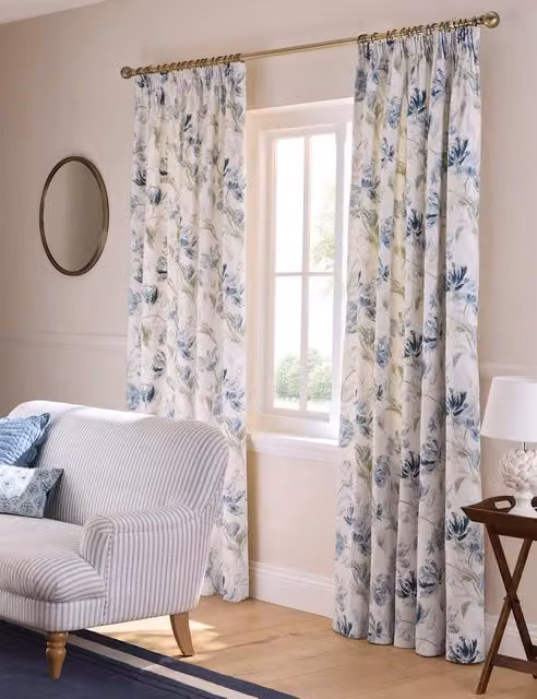 Laura Ashley Gosford Blue Mix Floral Pure Cotton Pencil Pleat Curtains