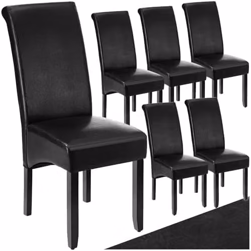 tectake Set of 6 Dining Chairs in Black with Synthetic Leather and Wood Legs – 1