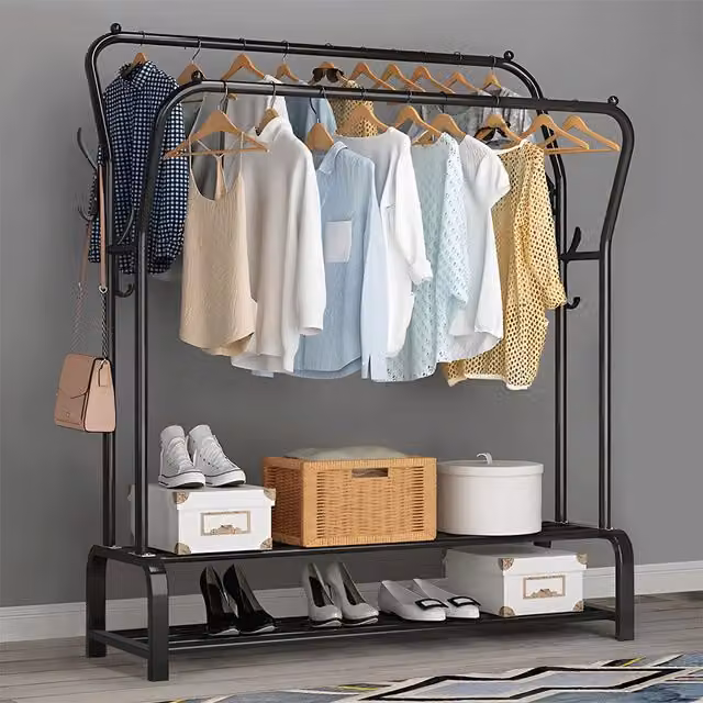 Livingandhome Modern Metal Double Rod Clothes Rail with Two-Tier Storage Shelves in Black