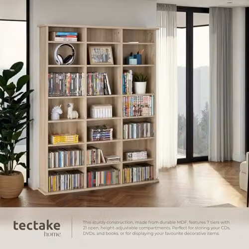 tectake CD Storage Unit in Light Wood with Adjustable Shelves and Media Compartments, H 136.5 x W 105.5 x D 19.0 cm – 4