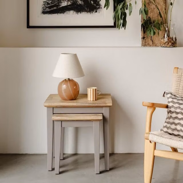 Florence Nest of Tables in Dove Grey with Acacia and Pine Wood Tops