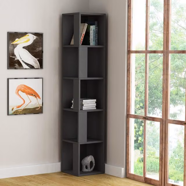 Decortie Piano 5-Tier Modern Corner Bookcase Shelving Unit in Anthracite Grey, H 158.9 cm x W 31.4 cm x D 31.4 cm