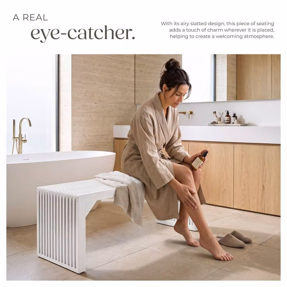 tectake Ribb XL Slatted Stool or Bench in White Lacquered Bamboo with 350 kg Weight Capacity – 3
