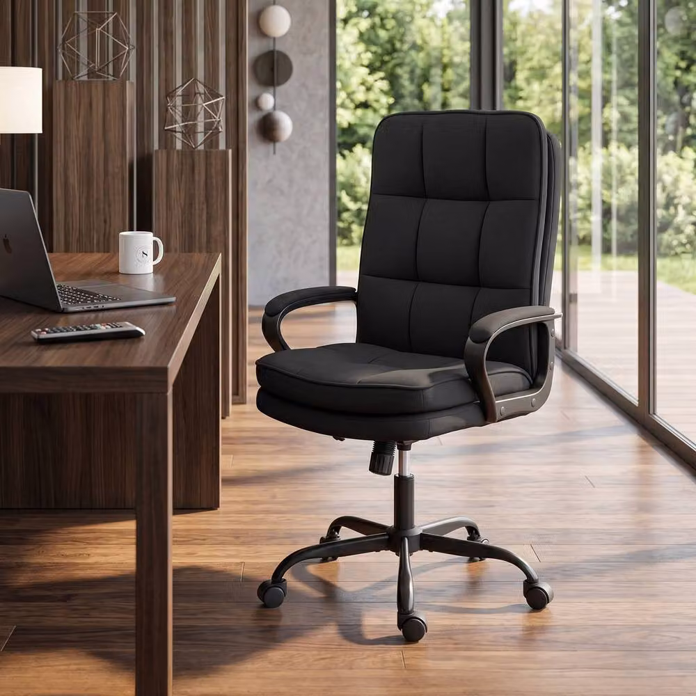 Rolipo Linen-Look Black Fabric Office Task Chair with Double Padding and 360 Degree Swivel – 4
