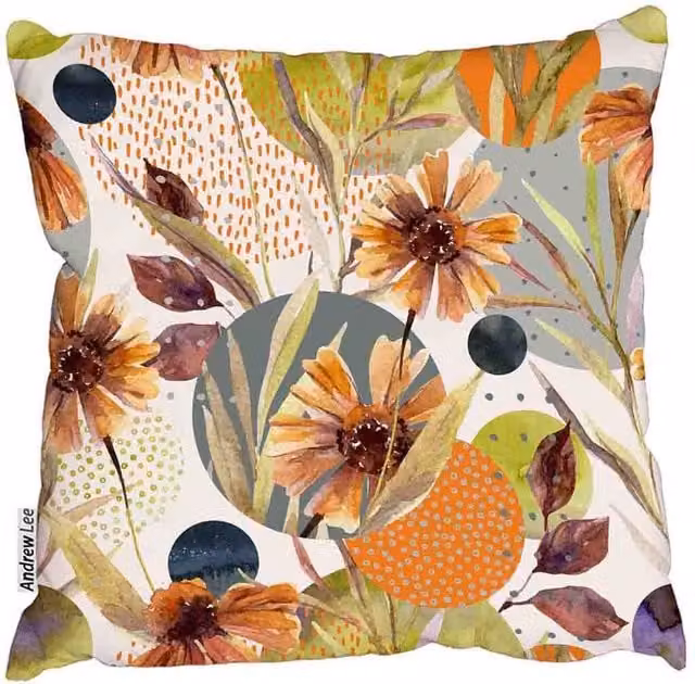 Andrew Lee Autumn Flowers and Leaves Square Cushion, Orange, W/D/H: 45 x 45 x 1 cm