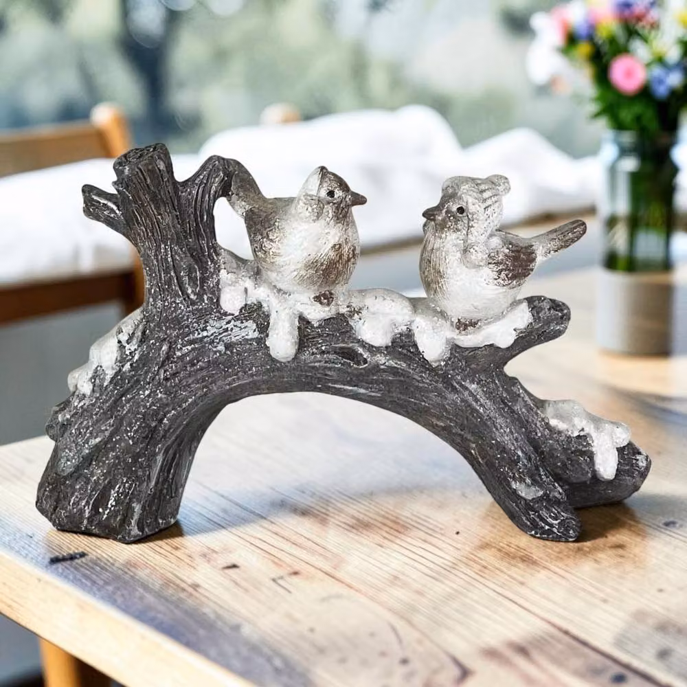 Four Candle Large Polyresin Birds on Snowy Branch Tabletop Decoration, Brown, Grey and White, Height: 26 cm – 2