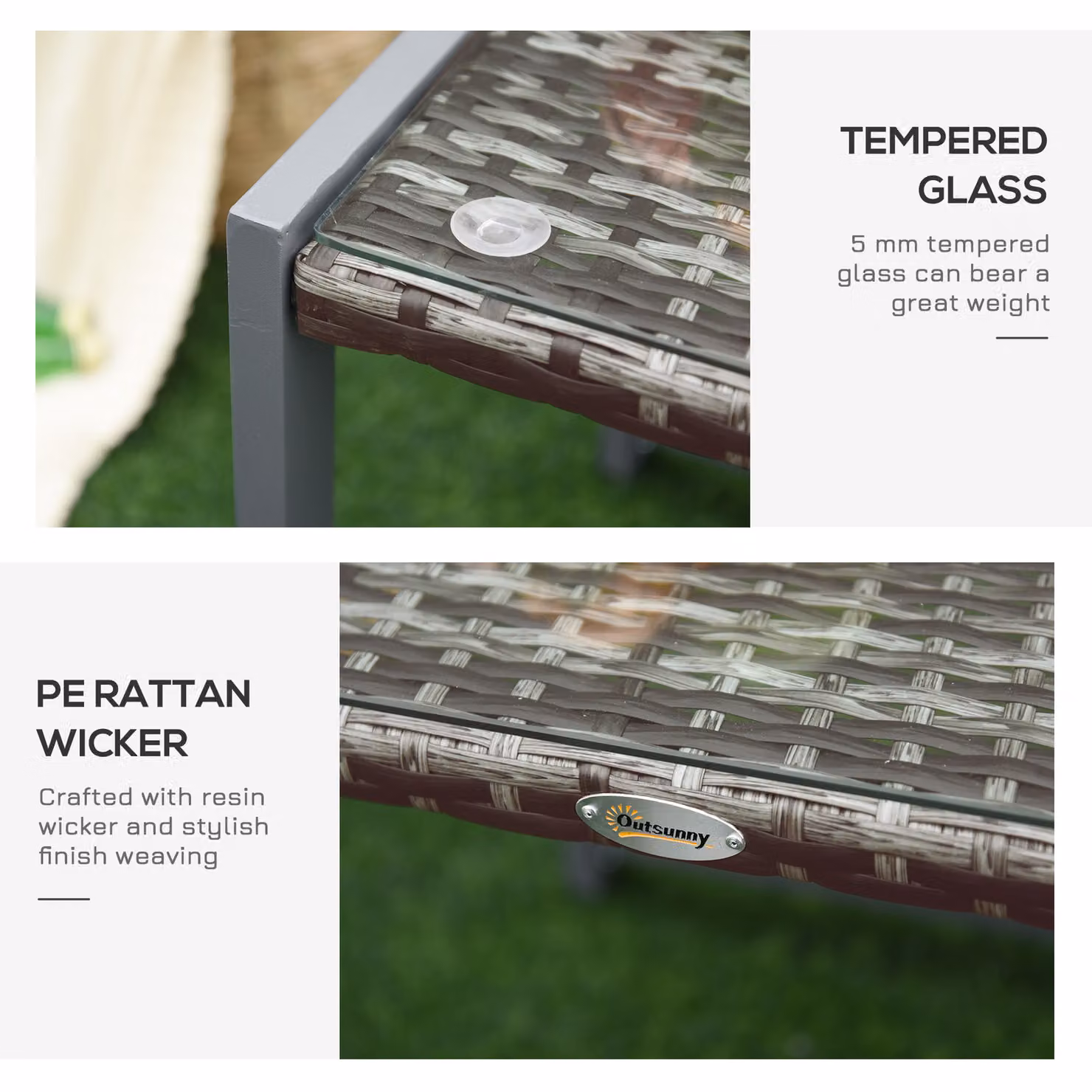 Outsunny Grey Rattan Side Table with Glass Top and Powder Coated Aluminium Frame for Garden and Terrace – 4