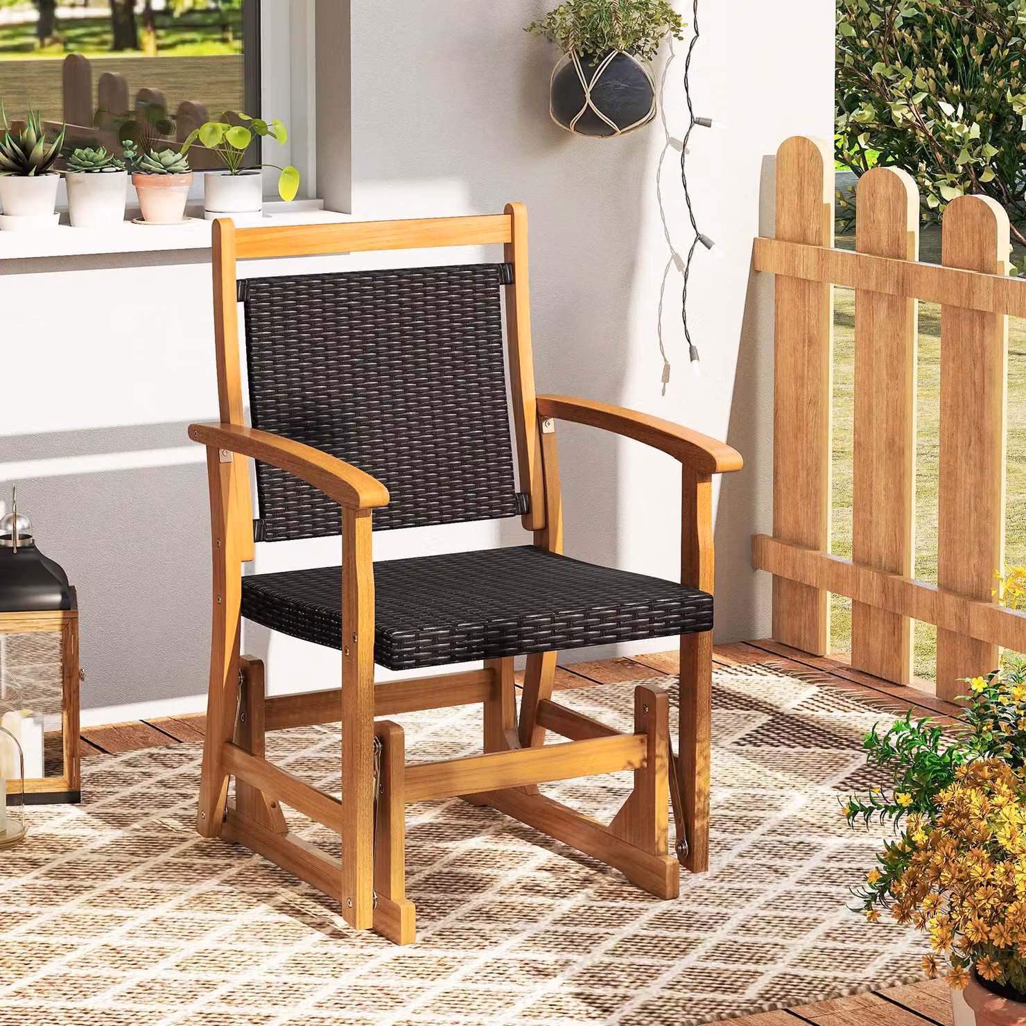Gymax Outdoor Acacia Wood Glider Chair with Rattan Seat in Brown – 3
