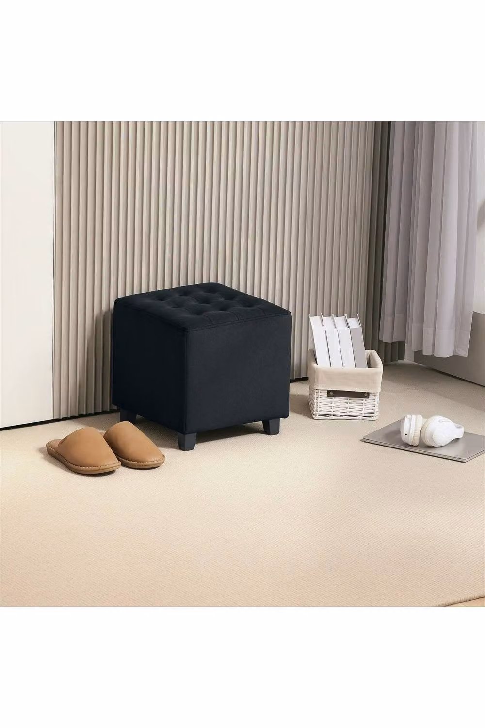 ERGOVEXA Velvet-Feel Square Cube Ottoman in Charcoal Grey and Black, W/D/H: 35 x 35 x 35 cm – 3