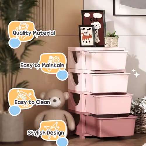 HOMCOM 4-Tier Plastic Kids Toy Storage Unit with 4 Drawers, Pink – 4