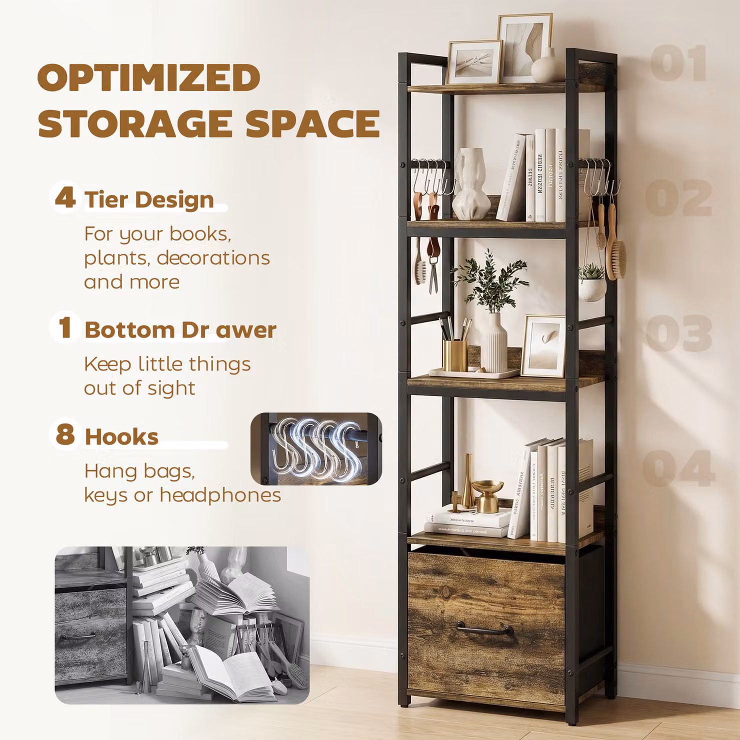 HOMCOM 4-Tier Narrow Bookshelf with Drawer and 8 Hooks in Rustic Brown Metal and MDF – 3