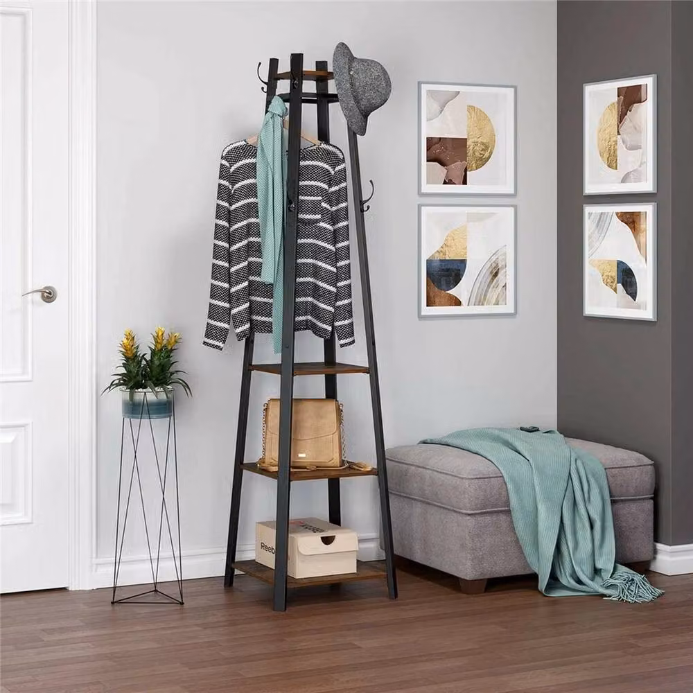 FORGEVIO Industrial Coat Tree and Hat Rack in Black with 8 Hooks and 4 Storage Shelves – 3